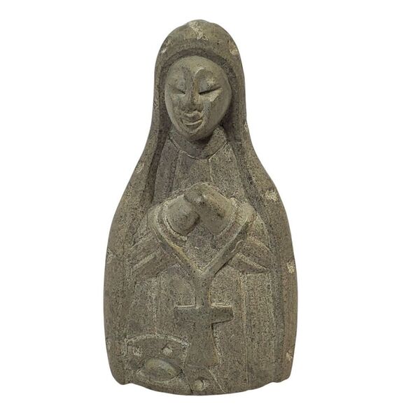 Vintage Haitian Carved River Stone Praying Woman Cross Sculpture Haiti 6" tall - Picture 1 of 6